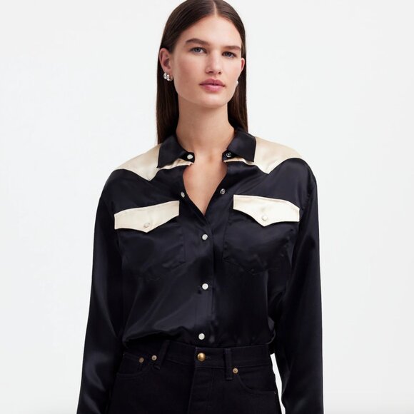 Alexa Chung x Madewell Satin Western Shirt Black/Cream Size XL NWT - Picture 2 of 11